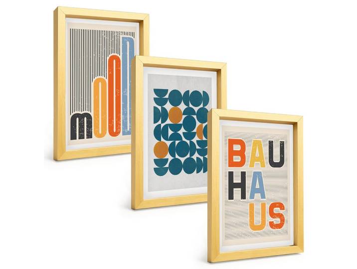 BILDER SET 3er Set - 20x30 cm Goldrahmen - Geometrische Muster im Bauhaus-Stil