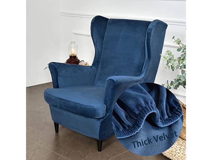 Highdi Velours Housse de Fauteuil à Oreilles Extensible 2-Pièces Couverture de Fauteuil avec Housse de Coussin en T\, Couleur Unie Mode Strandmon Housse de Fauteuil Antidérapante (Bleu Marine)