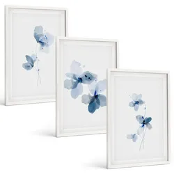 BILDER SET 3er Set - 40x60 cm Weißer Rahmen - Blaue Blumen
