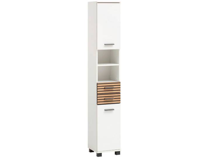 Stylife Hochschrank Katta, Weiß, Eichefarben, Kunststoff, 3 Fächer, 2 Schublade(n) Schubladen, 30.3x180.9x32.6 cm, Made in Germany, stehend, Typenauswahl, freistehend, Badezimmer, Badmöbel, Hochschränke