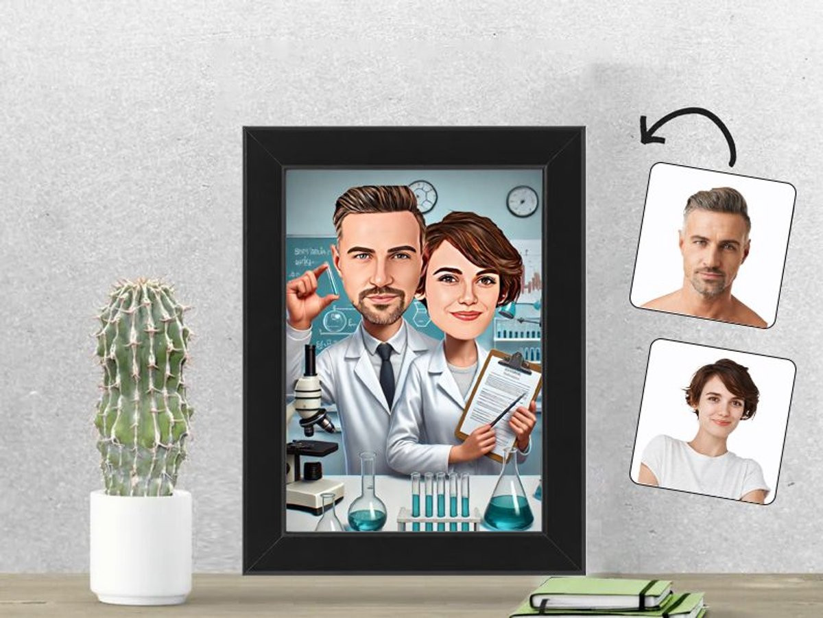 Gepersonaliseerde Karikatuur Fotolijst Wetenschap Karikatuur - Experimenteel Stel in een High-Tech Laboratorium - 13x18 cm