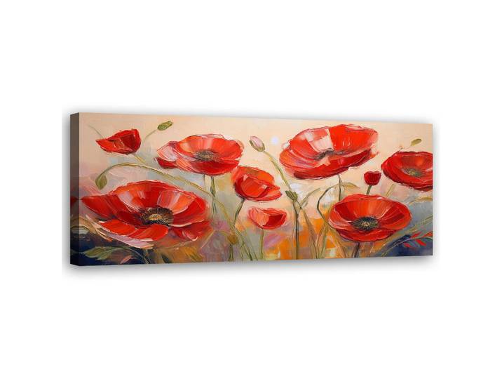 Feeby Wandbild bemalte mohnblumen mit roten blumen, Rot, Floral, Rechteckig, 90x30 cm, Bilder & Rahmen, Bilder, Leinwandbilder