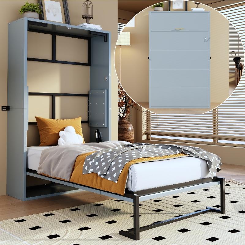 Murphy Bett 90x200 Wandklappbett mit Metallrahmen und MDF, klappbares Bettgestell mit Wandverriegelung und Klappmechanismus, Weiß/Grau
