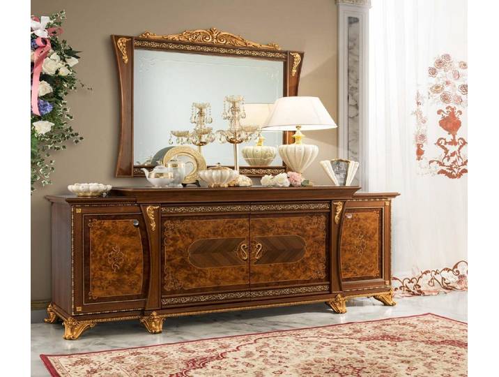 JVmoebel Sideboard Eleganter brauner Holzschrank mit Spiegel und goldfarbenen Füßen (Sideboard mit spiegel), Made in Europa