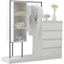 Schubladenschrank 140x40x135, Weiß mit Kleiderstange, 4 Schubladen, 3 Ablagen, Vielseitiger Stauraum, Modernes Design