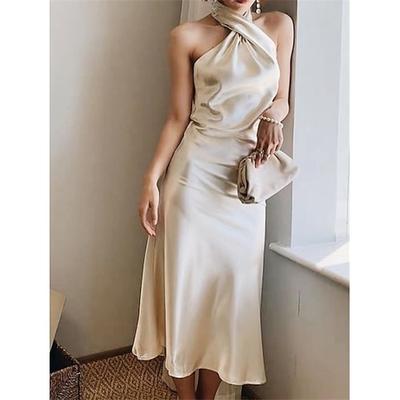 Damen Midikleid Satinkleid Partykleid Neckholder-Kleid Elegant Mode Modern Outdoor Urlaub Party Schlank Einfach Ärmellos Neckholder Beige Sommer Frühling