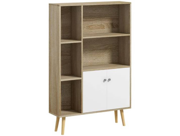 Bibliothèque scandinave - HOMCOM - meuble rangement 5 niches placard 2 portes pieds bois massif - bois - 80x23 5x123cm - chêne