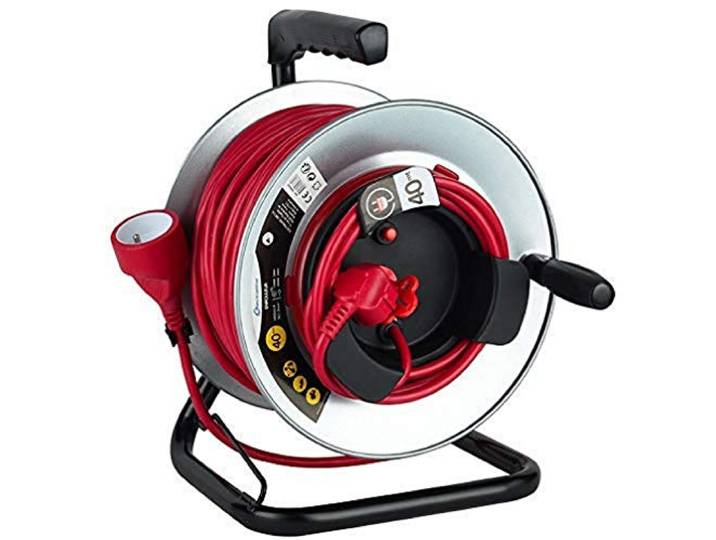 Electraline 208668 Enrouleur Jardin Professionnel avec Prolongateur en métal avec Platine Fixe\, 40m\, H05VV-F 3G1.5m㎡\, avec Guide pour Le câble\, Rouge