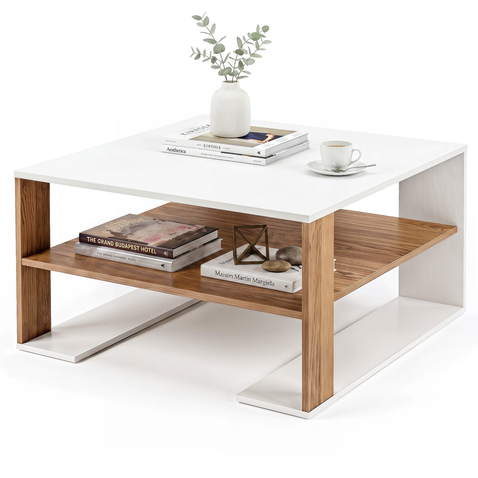 Costway Moderne Rechthoekige Salontafel met Opslagruimte in Wit en Naturel