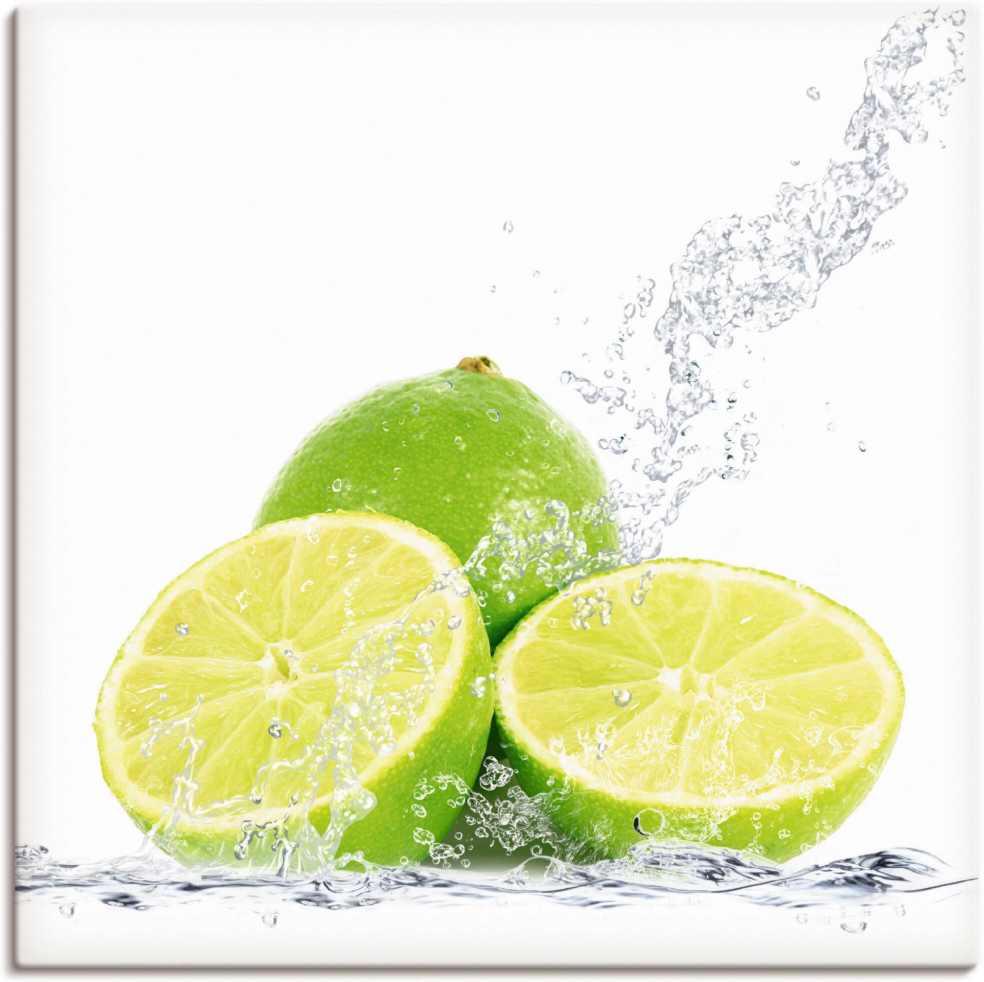 Leinwandbild ARTLAND "Limette mit Spritzwasser", gelb (farbe bild(er): gelb), B:70cm H:70cm, Bilder, Leinwandbild, auf Holzrahmen gespannt farbe bild(er): gelb B/H/T: 70cm x 70cm, Leinwandbild Lebensmittel quadratisch, 1 Stk.