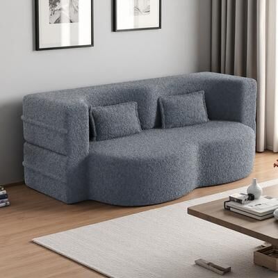 ZWYO HOSIMU "78"" Full Size Floor Sofa with 2 Pillows, Convertible Teddy Fabric Foam-Filled Sleeper Sofa Bed, Folding Mattress for Living Room"