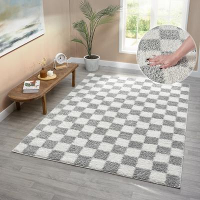 Hochflor-Teppich OTTO HOME "Kiiki, Karo-Muster" Gr. 6, grau, B:200cm H:30mm L:300cm, Kunstfaser, Teppiche, Kariert, auffälliges Schachbrettmuster, Wohnzimmer, Schlafzimmer