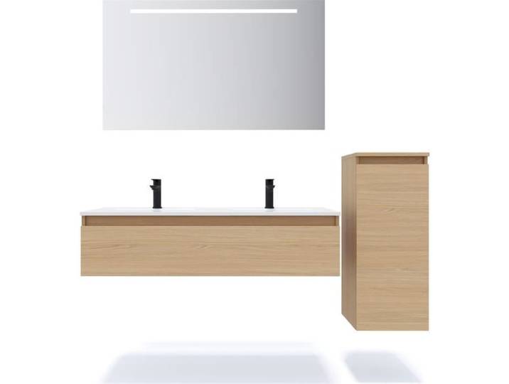 Ensemble salle de bain double vasque 120cm 1 tiroir Chêne + miroir + colonne droite - Hudson