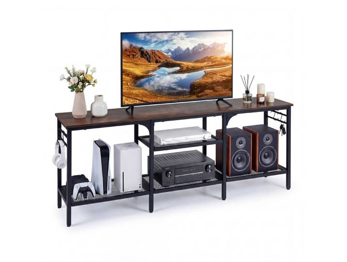 COSTWAY 65  Meuble TV avec 4 Étagères 4 Crochets Cadre Métal Anti-basculement pour Salon Chambre Bureau 140x30x56 cm Noir