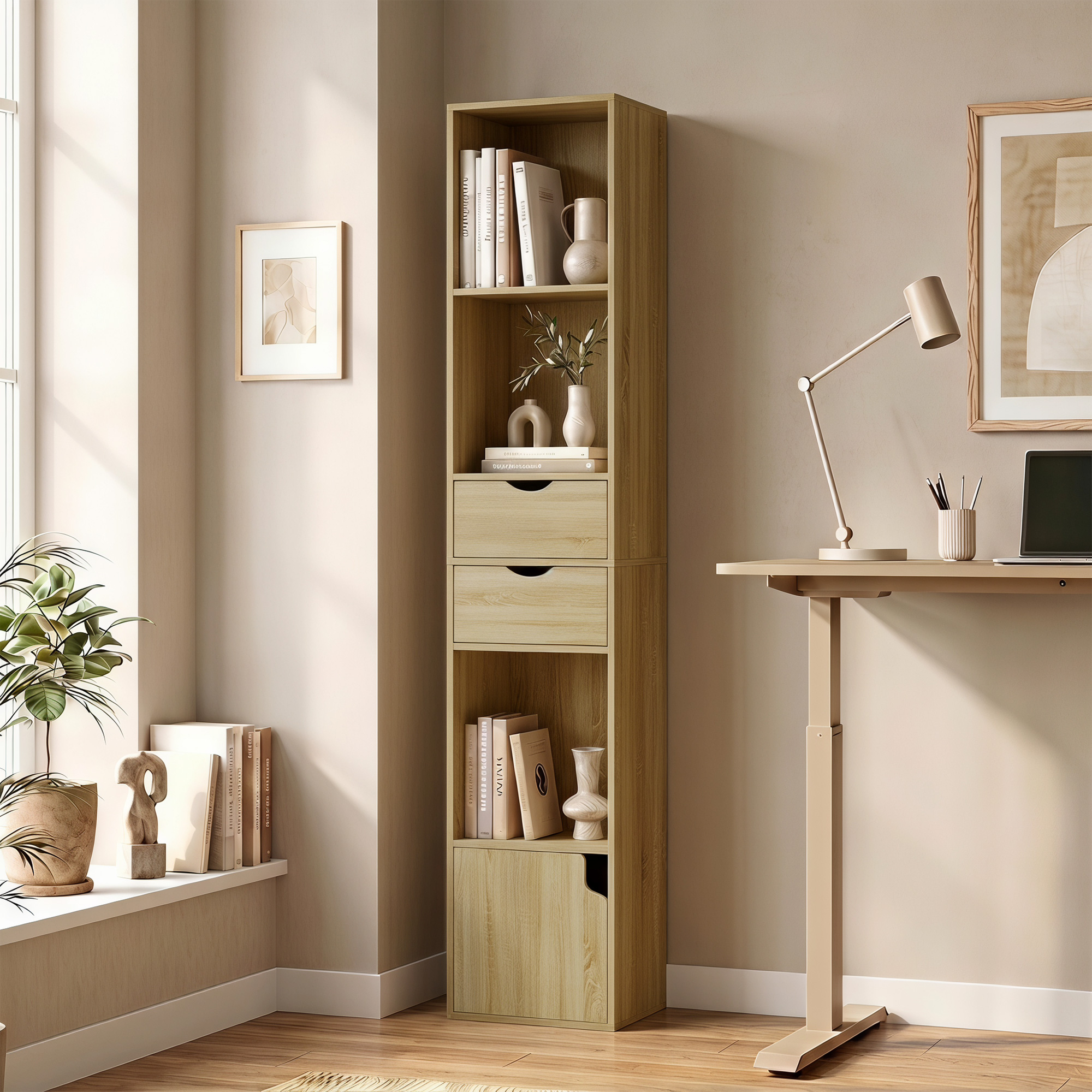 Homcom Libreria 6 Ripiani Con Cassetto, Sportello, Mensole Aperte, 30x24x158 Cm, Rovere   Aosom Italy
