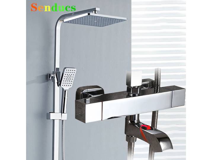 Système de douche thermostatique chromé, robinet carré en laiton, ensemble de douche de bain thermostatique, pomme de douche de salle de bain à pluie de 12 pouces