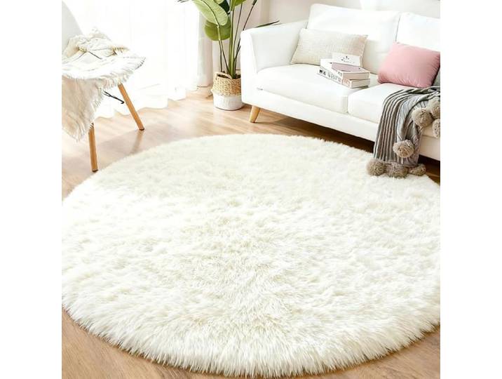 Tapis Rond Shaggy Tapis Rond 160cm Rond Salon Tapis Antidérapant Beige pour Salon Chambre à Coucher ou Chambre d'enfant Doux