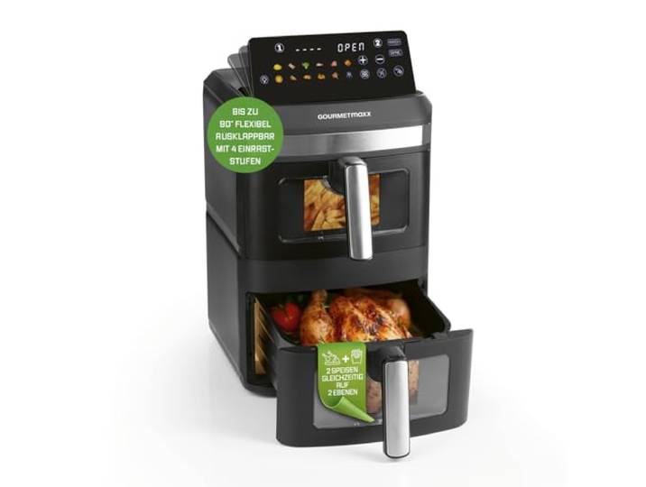 GOURMETmaxx FryUp XXL vertikale Doppelkammer Heißluftfritteuse - 12 L Airfryer mit Sichtfenster, Multi-Colour LED-Touchdisplay & 12 Programmen Heissluftfritteuse 2 Kammern mit Oberhitze