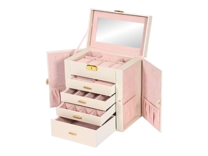 Schmuckkästchen abschliessbar 4 Schubladen beige/rosa