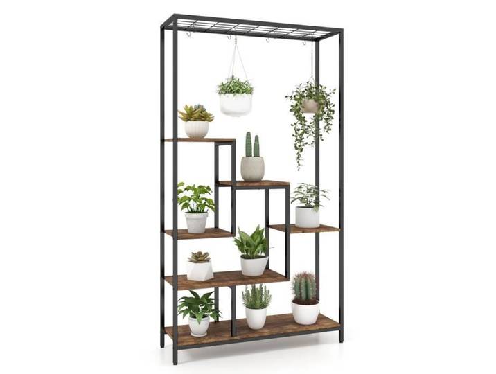 COSTWAY Étagère à Fleurs Porte Plantes en Métal - 10 Crochets Pieds Réglables Dispositif Anti-basculement - Style Industriel