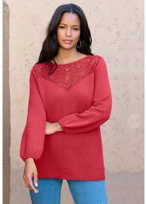 Plus Size Women's Lace Mesh Pullover Sweater by Roaman's in Antique Strawberry (Size 1X)