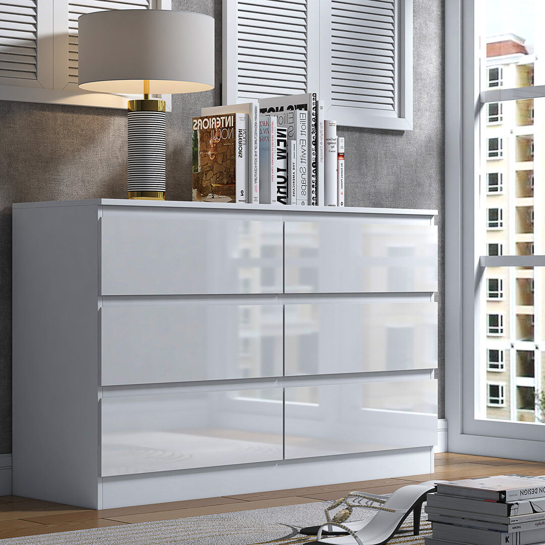 17 Stories FWStyle Stipes 6 Drawer Wide 3+3 Chest Of Drawers - White Gloss Front White 77cm H X 110cm W X 40cm D