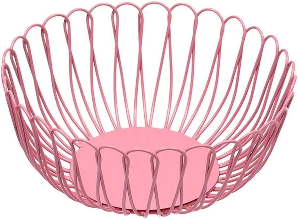 Roze metalen fruitschaal draadmand voor keuken decoratie met 30 cm breedte