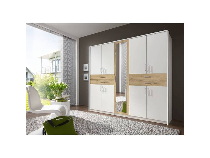Drehtürenschrank Taiga 225cm Weiß/Beige/Alpinweiß/Plankeneiche Dekor
