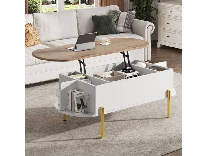 Table Basse Relevable avec Plateau Réglable Hauteur 120x50x43cm Tables Salon avec 7 étagères Tables d'Appoint avec Rangement Caché