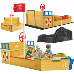 KIDIZ® Sandkasten Ahoi - Piratenschiff Boot Segelschiff aus Holz Inkl. Abdeckung, Bodenplane, Sitzbank, Flaggenmast, Sandspielzeug    Große Kinder Sandkiste für den Garten   Outdoor Sandbox