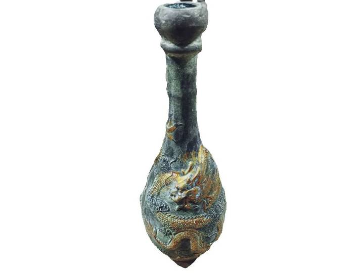 Vase doré sculpté en Relief en Bronze avec motif de Dragon à col Long, Collection folklorique, ancien article décoratif