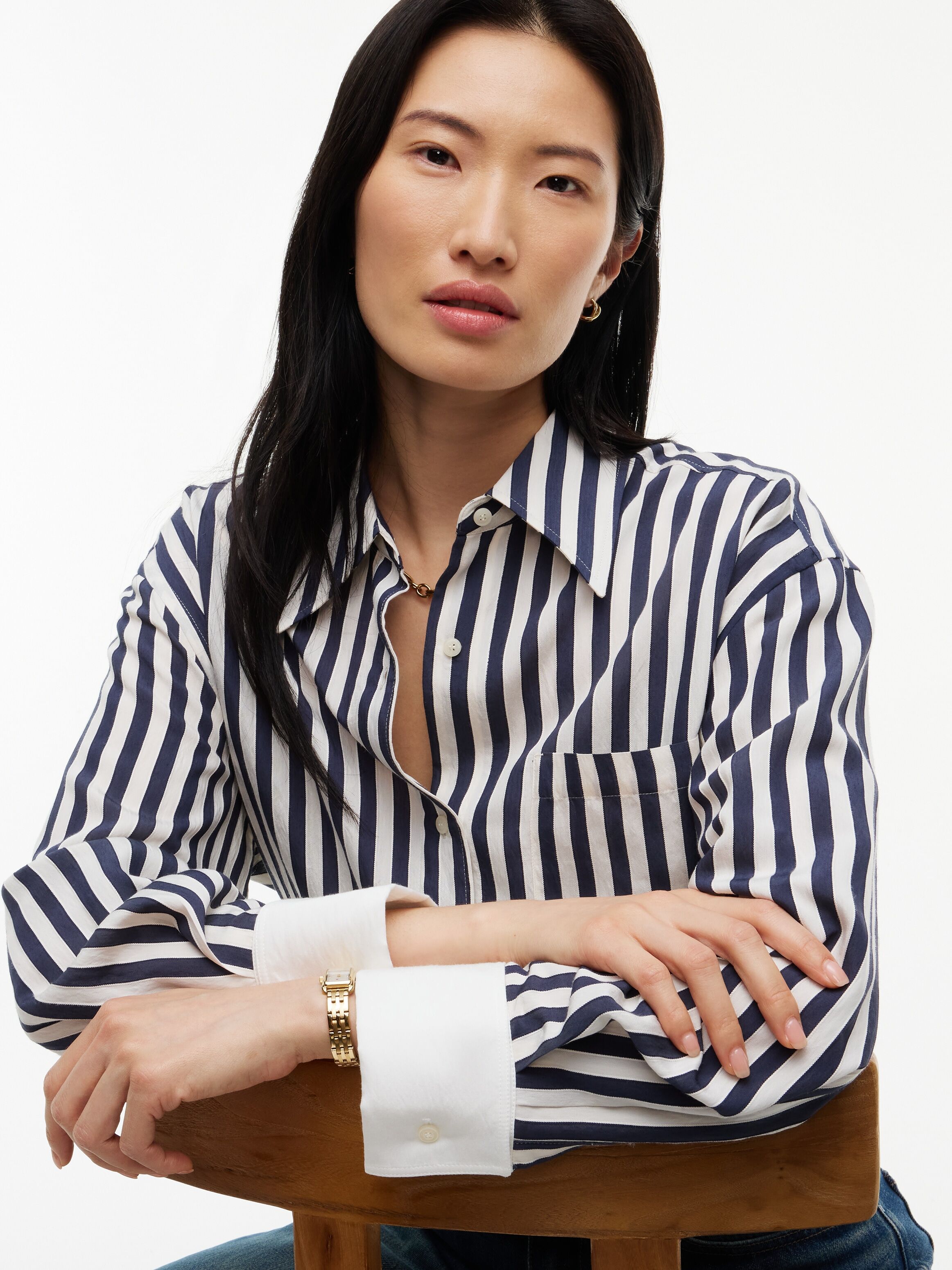 Langarmbluse TOMMY HILFIGER "FLUID DOUBLE CUFF SHIRT", Damen, Gr. 38, blau (banker stp dunkelblau ecru), Web, Obermaterial: 87% Viskose, 13% Nylon, gestreift, normal, Umschlagmanschette, Blusen Langarmbluse, Viskosemischung banker stp dunkelblau ecru 38