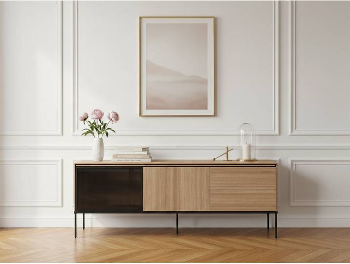 Meuble TV 2 portes 2 tiroirs 167 cm VERONA effet chêne et verre fumé avec LEDS