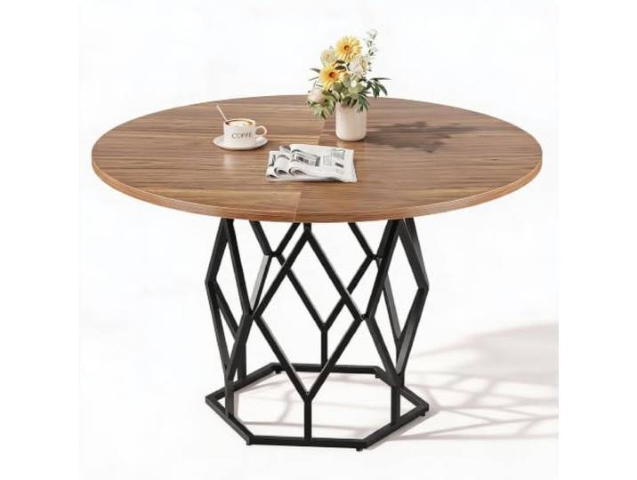 GarveeLife Runder Esstisch 120cm für 4–6 Personen, Holzoptik, Metallgestell Modernes Landhausdesign, robuste Tischplatte, kratz- und fleckenbeständige Oberfläche, stabile Basis, einfache Montage, Braun