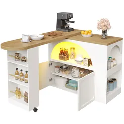 MODFU Ausziehbarer Bartisch Weiß 205x39x100 cm mit LED-Beleuchtung, Rollen mit Bremsen, Stauraum mit Türen und Regalfach, USB-Anschluss