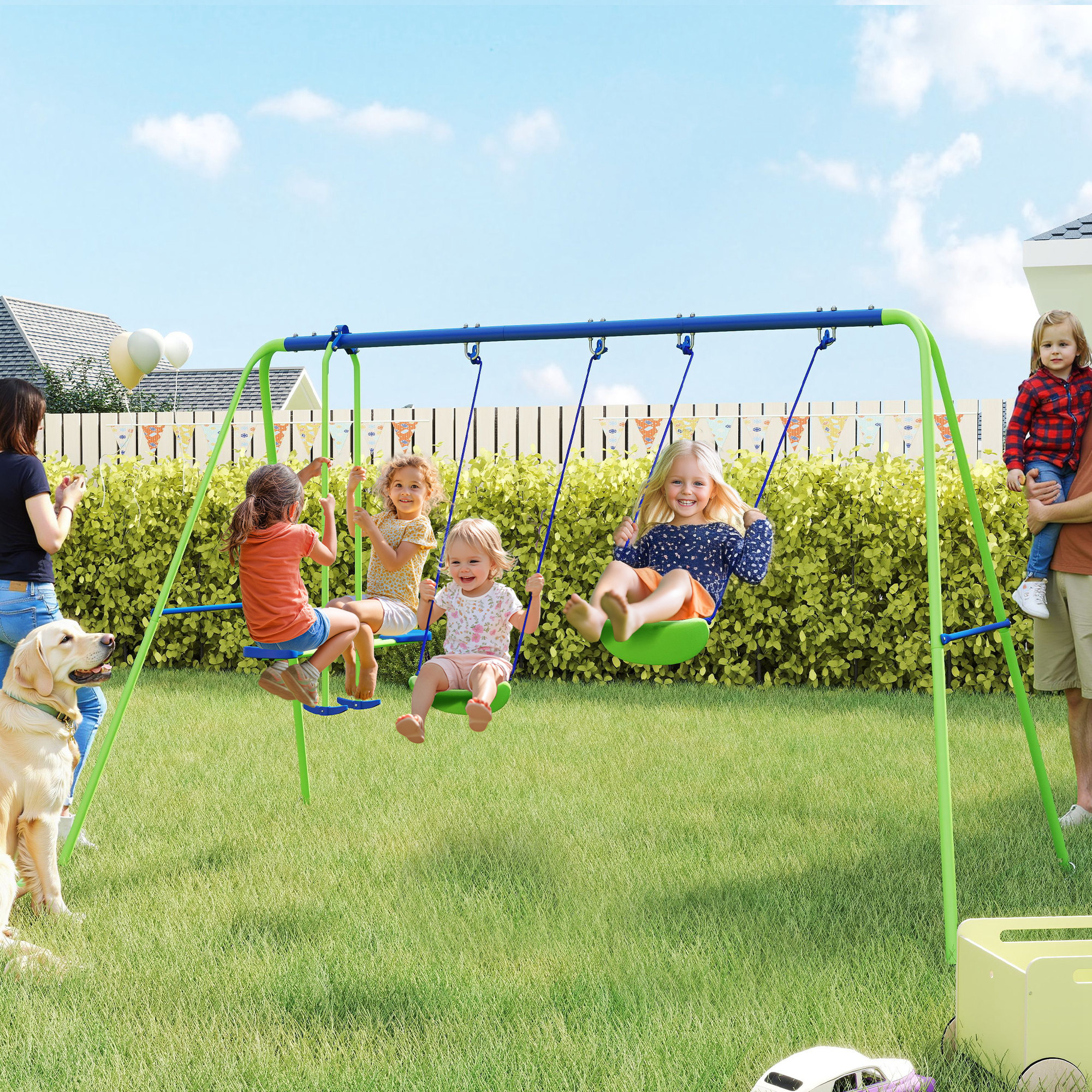 Outsunny Set Altalene da Giardino per 4 Bambini, 1 Altalena Doppia e 2 Altalene Singole, Metallo e PE, 280x140x178cm, Verde Blu Aosom