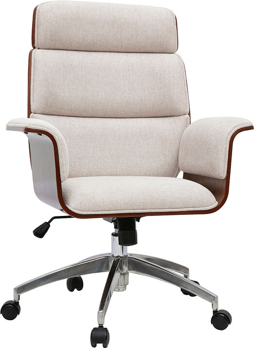 Miliboo Design-Bürosessel auf Rollen aus Stoff mit strukturiertem Samteffekt in Beige, dunklem Holz und verchromtem Stahl ELON