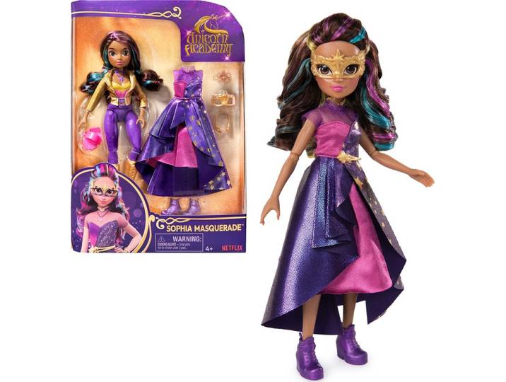 Unicorn Academy Sophia maskerade pop - 24 cm, regenboog haarkleur