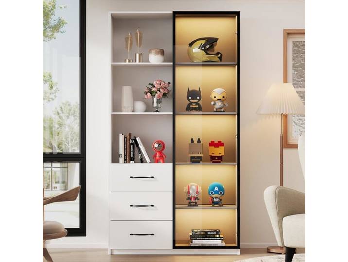 Vitrine en Verre avec LED Meuble Rangement Salon avec Tiroirs Bibliothèque Vitrée Armoire Vitrine pour Collection Blanc