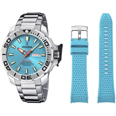 Taucheruhr FESTINA "The Originals/Diver", silber (silberfarben, hellblau, hellblau), Armbanduhren, Herren, silberfarben, Armbanduhr, Quarzuhr, Herrenuhr, Geschenkidee, Edelstahlarmband