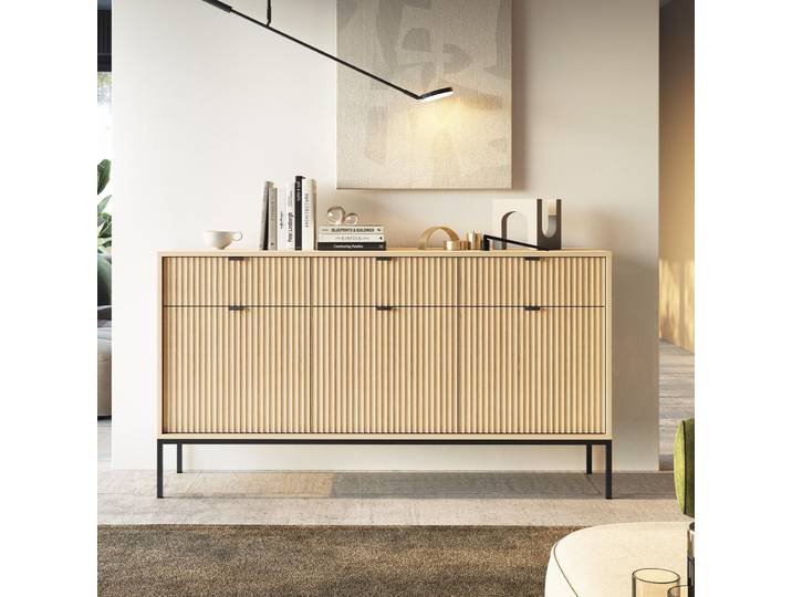Moderne Geriffelte Kommode KIOTO K3D3SZ Eiche Vicenza Schwarz Gestell Schrank Sideboard