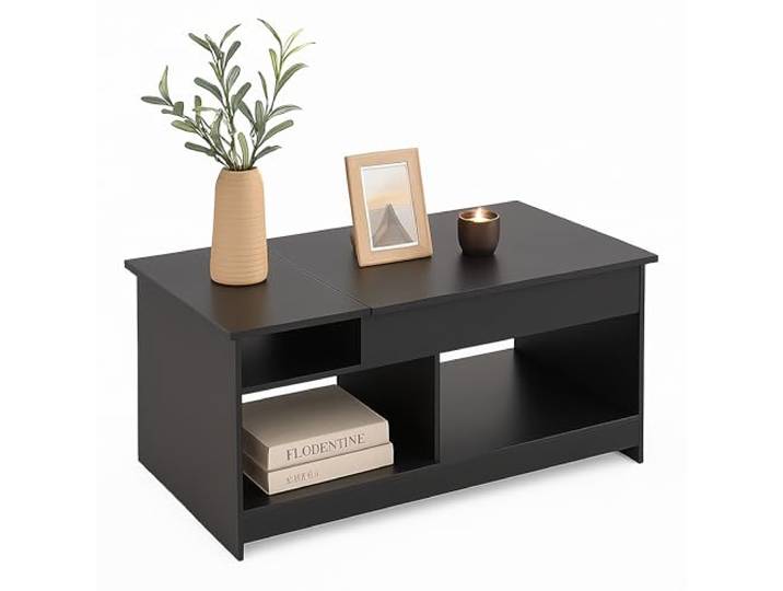Relaxdays Table Basse relevable\, H x L x P : 50 x 110 x 50 cm\, Table de Salon avec Rangement\, Noire