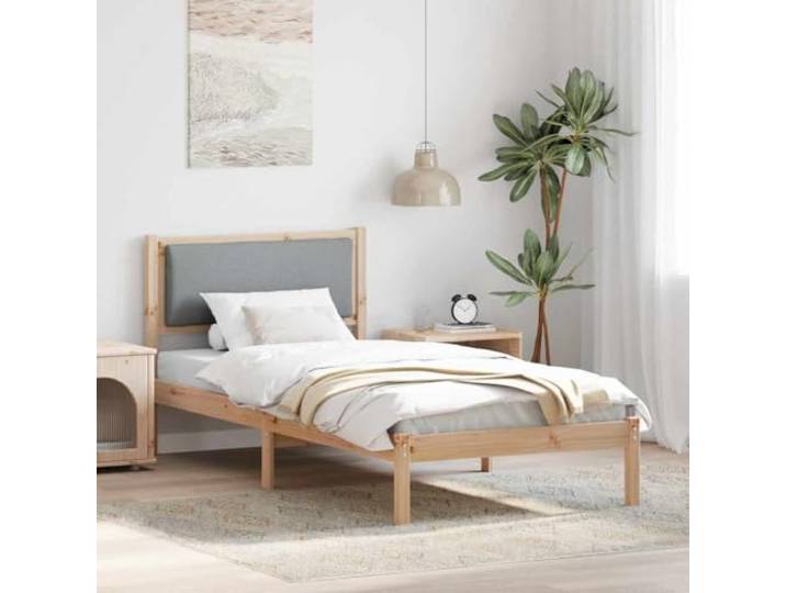 Massives Kiefernholz Modernes Design Bettgestell Hellgrau 90 x 200 cm Bettrahmen Hellgrau 90x200 cm Massives Kiefernholz Einzelbett mit Gepolstertem Kopfteil Lattenrost Stabil Waldkiefer
