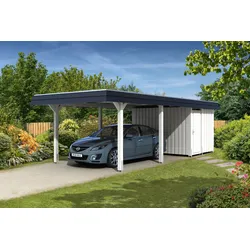 Carport Wendland 362x870 schwarze Blende, weiß, mit Abstellraum, Dachschalung und EPDM Holzcarport