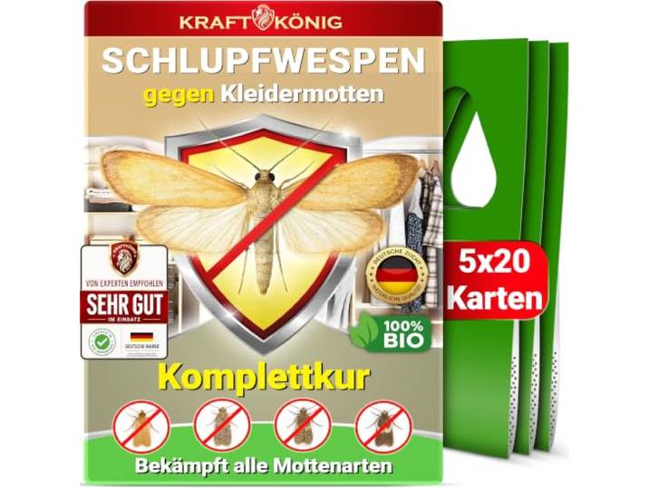 KRAFTKÖNIG Schlupfwespen gegen Kleidermotten – 20 Karten à 5 Lieferungen Biologische Mottenbekämpfung direkt am Ei; Karten einfach im Kleiderschrank auslegen; diskret und sofort einsatzbereit