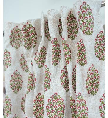 Fabdivine Rod Pocket Curtain, Linen Floral Drape, Block Print Window Curtain, Living & Bedroom Window Treatment, Guldasta