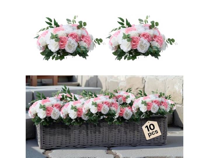 VEVOR Boules de Fleurs Artificielles\, Lot de 10\, Diamètre 45 cm\, Compositions Roses Artificielles pour Centres de Table\, Mariages\, Fêtes\, Saint-Valentin\, Décoration d'Intérieur\, Roses en Rose et Blanc