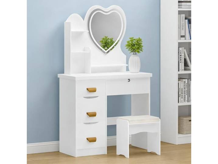 Coiffeuse avec miroir coeur lumineux reglable et tabouret inclus design elegant pour chambre a coucher espace maquillage