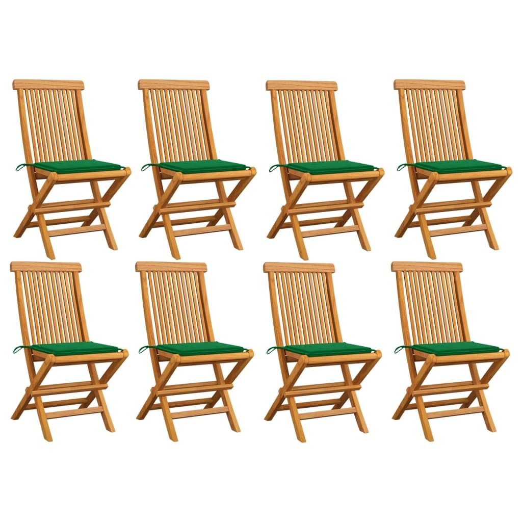 Klappstühle mit grünen Kissen, 8-teilig, Massivholz Teakholz