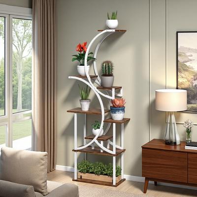 ZWYO HOSIMU "24.4"" Steel Fir Wood 8-Tier S-Shaped Corner Plant Stand with 44lb Capacity per Shelf & Space-Saving Design"